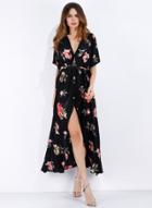 Oasap Deep V Neck Short Sleeve High Split Maxi Floral Dress