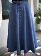 Oasap Fashion A-line Button Down Maxi Denim Pleated Skirt