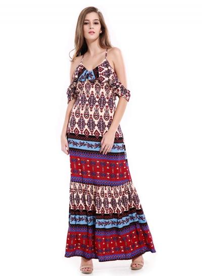 Oasap Spaghetti Strap V Neck Pattern Print Maxi Dress