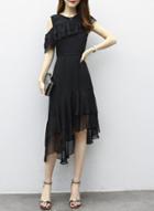 Oasap Round Neck Short Sleeve Chiffon Solid Dresses