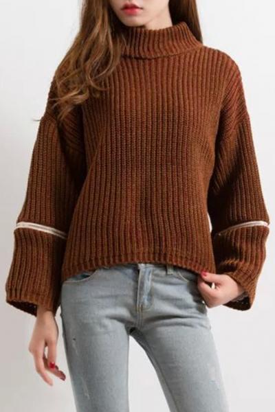 Oasap Stylish Ribbed Knit High Neck Zippered Sleeve Pullover Sweater