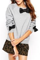 Oasap Grey Bow Decor Round Neck Long Sleeve Sweatshirt