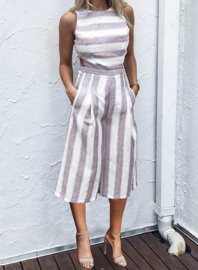 Oasap Fashion Casual Striped Sleeveless Straight Wide Leg Jumpsuits