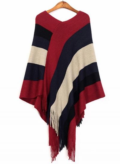 Oasap Fashion Striped Fringe Trim Cloak Top