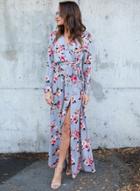 Oasap Spring Sexy Slit Floral Printing Long Sleeve V Neck Maxi Dress