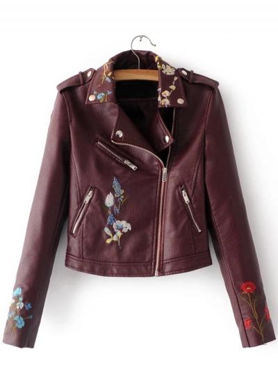 Oasap Floral Embroidery Pu Leather Motorcycle Jacket