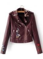 Oasap Floral Embroidery Pu Leather Motorcycle Jacket