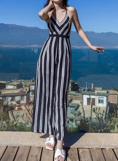 Oasap Fashion Sexy Slim Sleeveless Striped Backless Lace-up Jumpsuits