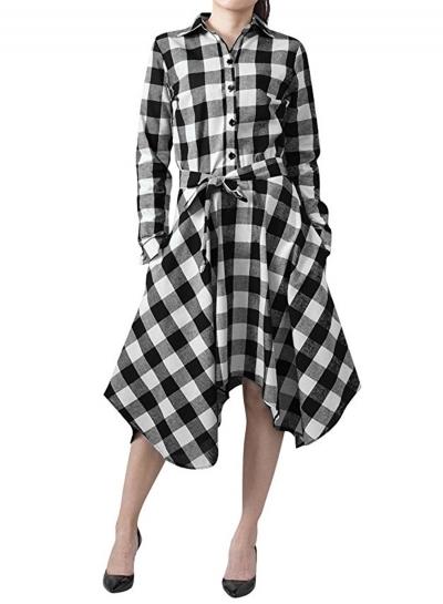 Oasap Casual Long Sleeve Plaid Irreuglar Shirt Dress With Belt