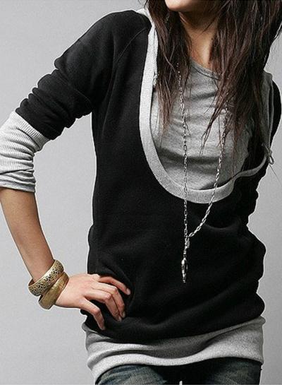 Oasap Fashion Color Block Fake 2 Piece Pullover Hoodie