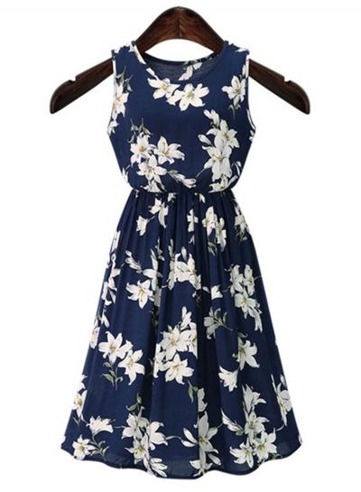 Oasap Sleeveless Elastic Waist Floral Print Dress