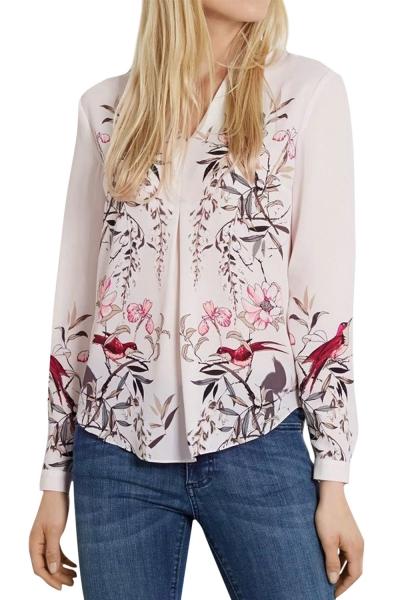 Oasap Women's Casual V Neck Long Sleeve Floral And Birds Print Blouse