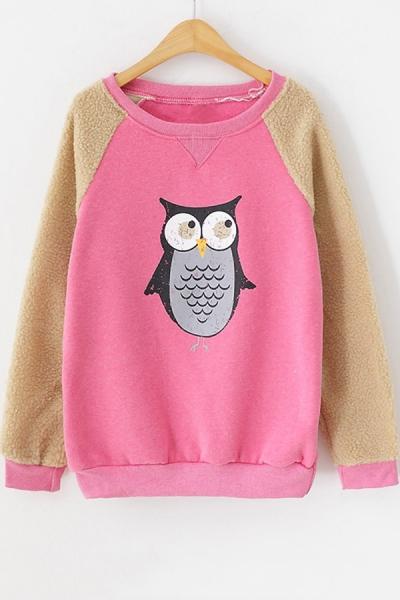 Oasap Paneled Owl Fleece Sweatshirt