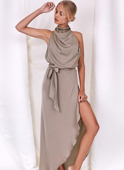 Oasap Halter Backless Irregular Solid Dress With Belt