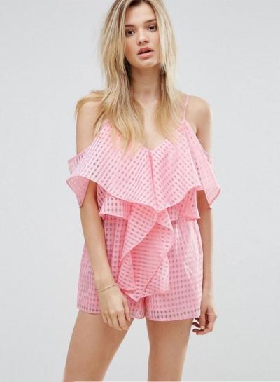 Oasap Cute Off Shoulder Flounce Plaid Jumpsuit