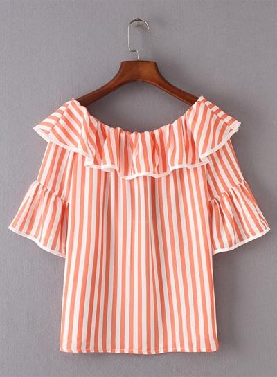 Oasap Striped Off Shoulder Short Sleeve Ruffle Blouse