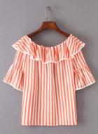 Oasap Striped Off Shoulder Short Sleeve Ruffle Blouse