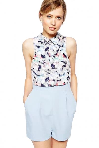 Oasap Cute Sweet Floral Blue Rompers