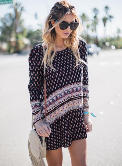Oasap Casual Long Sleeve Pullover Printed Mini Dress