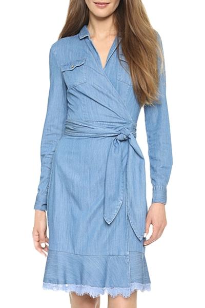 Oasap Women Chic Tie Waist Lace Paneled Long Sleeve Denim Dress