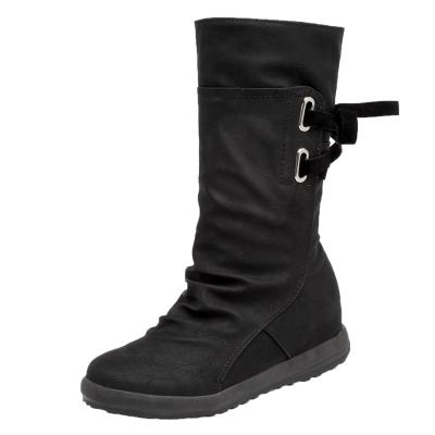 Oasap Solid Color Round Toe Back Lace Up Mid-calf Boots