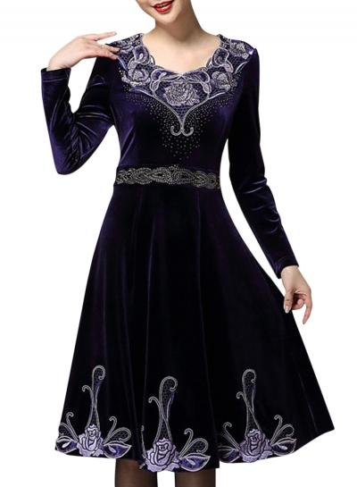 Oasap Elegant Floral Trim Velvet Cocktail Dress