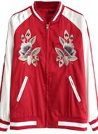 Oasap Women's Red Striped Trim Flower Embroidery Bomber Jacket With Zipper