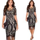 Oasap Short Sleeve Lace Bodycon Dress With Tassel