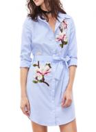 Oasap Floral Embroidery Button Down Striped Dress