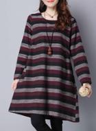 Oasap Striped Long Sleeve Loose Dress With Patch Pocket