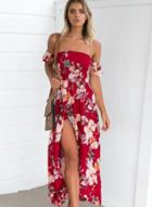 Oasap Strapless Short Sleeve Floral Printed Slit Maxi Dress