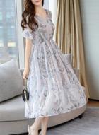 Oasap Sweet Slim Chiffon Short Flounce Sleeve V Neck Dress With Pattern