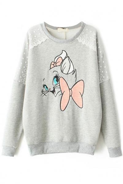 Oasap Embroidered Cartoon Cat Lace-trim Sweatshirt