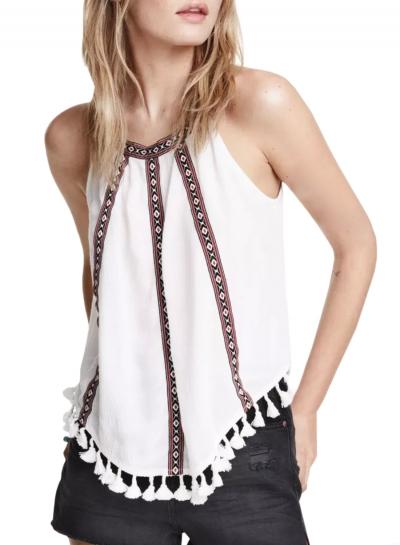 Oasap Women National Wind Embroidery Print Asymmetric Tasseled Top