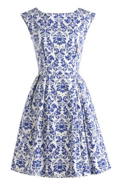 Oasap Blue And White Porcelain Inspired Skater Dress