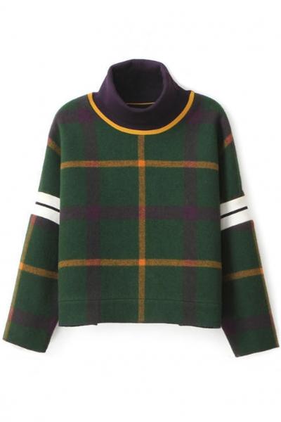 Oasap Plaid Cropped Green Wool Sweatshirt