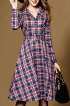 Oasap Fashion Notch Lapel Slim Belted A-line Dress
