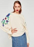 Oasap Fashion Loose Fit Floral Embroidery Pullover Sweatshirt