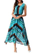 Oasap Women's Round Neck Drawstring Waist Color Block Boho Dress