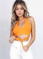 Oasap Halter Backless Lace Up Crop-top