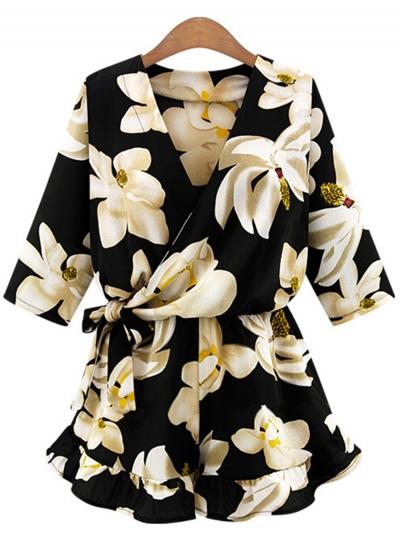 Oasap V Neck Half Sleeve Floral Print Romper