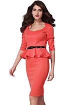 Oasap Red Long Sleeve Belted Peplum Midi Dress