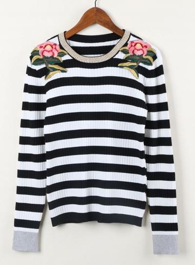 Oasap Round Neck Long Sleeve Stroped Floral Embroidery Sweaters