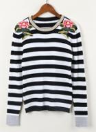 Oasap Round Neck Long Sleeve Stroped Floral Embroidery Sweaters