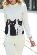 Oasap Women's Peter Pan Collar Cat Print Asymmetrical Hem Blouse