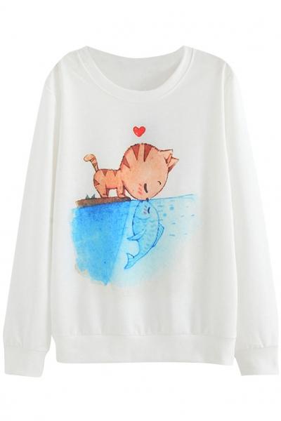 Oasap Cat Kiss Fish Pattern Loose Fit Sweatshirt