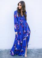 Oasap Bohemian V Neck Long Sleeve Elastic Waist Floral Print Maxi Dress