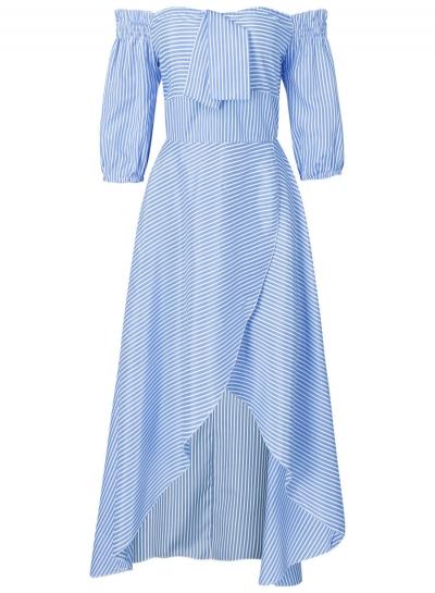 Oasap Slash Neck Lantern Sleeve Striped High Low Dress