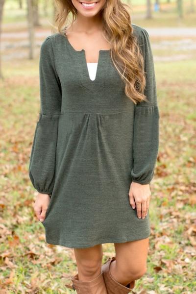 Oasap Simple Cut-out V Neck Lantern Sleeve Dress