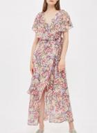 Oasap Floral V Neck Short Sleeve Ruffle Split Chiffon Maxi Dress